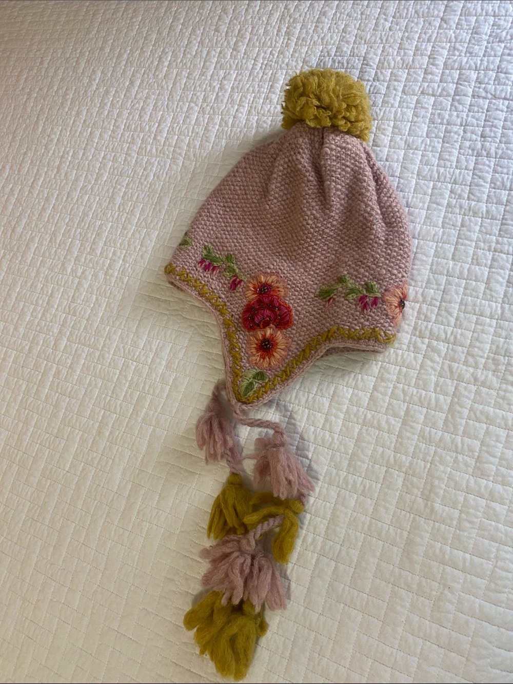 Pink Floral Knit Earflap Hat with Mustard Pom Pom Boho Wool Cottagecore